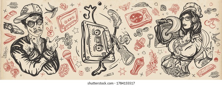 Hip hop music. Old school tattoo collection. Rap girl, swag woman, boom box. African American man rapper in baseball cap and glasses. Audio cassette, break dance. Tattooing musical street ghetto 