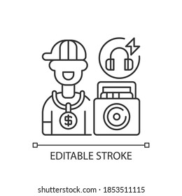 Hip hop music pixel perfect linear icon. Rapper boy wearing golden chain with dollar sign. Thin line customizable illustration. Contour symbol. Vector isolated outline drawing. Editable stroke