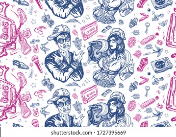 Hip hop music seamless pattern. Old school tattoo style. African American man rapper. Rap girl, swag woman, Audio cassette, break dance. Street ghetto lifestyle. Pop culture musical background 