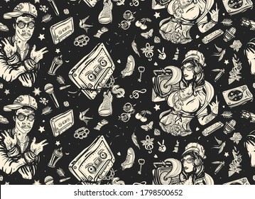 Hip hop music seamless pattern. Rap girl, swag woman. Audio cassette, break dance art. Street ghetto lifestyle. African American man rapper. Old school tattoo style. Pop culture musical background 