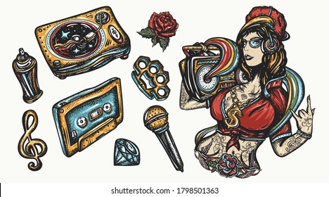 Hip hop music set. Street lifestyle. Color tattoo collection. Cool rap girl, swag woman, boom box. Audio type, break dance elements. Tattooing musical ghetto 