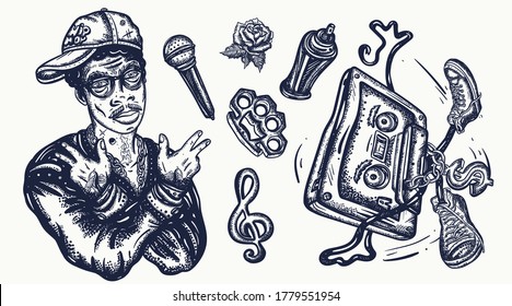 Hip hop music set. Tattoo collection. African American man rapper in baseball cap and glasses. Audio cassette, break dance. Tattooing musical street ghetto elements 