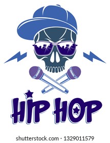 Hip Hop music vector logo or label with wicked skull and two microphones crossed like crossbones, Rap rhymes night club party festival or concert emblem, t-shirt print.