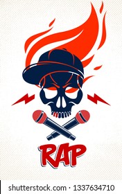 Hip Hop music vector logo or label with wicked skull and two microphones crossed like crossbones, Rap rhymes night club party festival or concert emblem, t-shirt print.