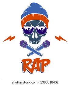 Hip Hop music vector logo or label with wicked skull and two microphones crossed like crossbones, Rap rhymes night club party festival or concert emblem, t-shirt print.