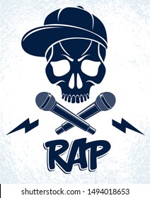 Hip Hop music vector logo or label with wicked skull and two microphones crossed like crossbones, Rap rhymes night club party festival or concert emblem, t-shirt print.