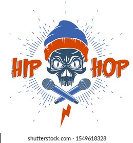 Hip Hop music vector logo or label with wicked skull and two microphones crossed like crossbones, Rap rhymes night club party festival or concert emblem, t-shirt print.