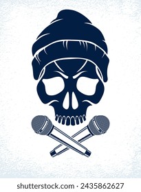 Hip Hop music vector logo or label with wicked skull and two microphones crossed like crossbones, Rap rhymes night club party festival or concert emblem, t-shirt print.