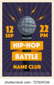 Hip hop poster with microphone. Cartoon vector illustration