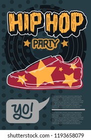Hip Hop Poster Template Design With A Sneaker Shoe And Broken Vinyl Record . Vector Image.