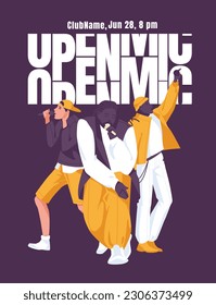 Diseño de afiches de hip hop o rap. Gran diseño de texto y tres cantantes. Una fiesta de micrófono abierto. Ilustración plana del vector