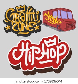 Hip Hop Rap Music Hand Lettering Graffiti Style Vector Illustrations Designs.