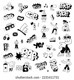 hip hop , rap music , street style - doodle set , hand drawn design element