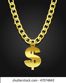 Hip hop and rap symbol of rich street music performer. Massive gold dollar hanging on the chain as a necklace. 