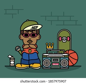 Hip hop rapper cartoon character. Cute hip hop music logo mascot vector illustration