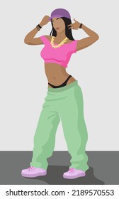 Hip hop rapper girl. Pretty ethnic girl Rapper. Beautiful girl with a long hair. Stylish fashionable hip hop dancer girl. Urban generation lifestyle concept. Vector illustration, minimalist style