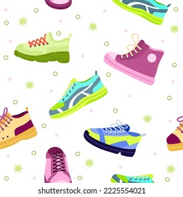 Patrón de zapato de hip hop. Ropa de moda para actividades deportivas. Dibujo de arte de Grunge. Impresión de zapatillas y zapatillas de deporte. Ropa de estilo de vida informal. Calzado de encaje. Diseño actual sin fisuras de vectores