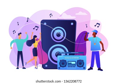 Hip Hop Singer With Microphone At Music Speaker And Tiny People Dancing At Concert. Hip Hop Music, Hip Hop Party, RAP Music Classes Concept. Bright Vibrant Violet Vector Isolated Illustration