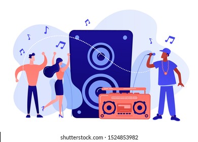 Hip Hop Singer With Microphone At Music Speaker And Tiny People Dancing At Concert. Hip Hop Music, Hip Hop Party, RAP Music Classes Concept. Pinkish Coral Bluevector Isolated Illustration