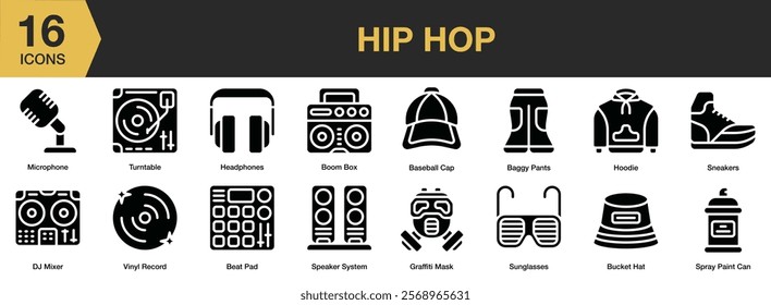 Hip Hop solid icon set. Includes music, hip hop, style, street, dance, hip-hop, and More. Solid icons vector collection.