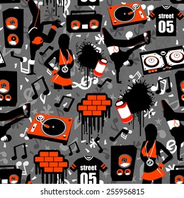 Hip Hop Street Seamless Pattern Background is a vector illustration novelty print pattern background that is inspired by hip hop culture/street music. It's youthful, fun and funky.