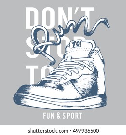 HIP HOP STREET STYLE ELEMENTS VECTOR ILLUSTRATION with a blue sneacker and white quotes