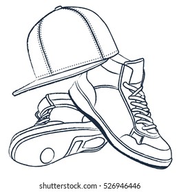 HIP HOP STREET STYLE ELEMENTS VECTOR ILLUSTRATION sneakers and new era hat in black and white colors
