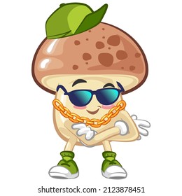 hip hop style cute mushroom mascot illustration vector with gold chain necklace