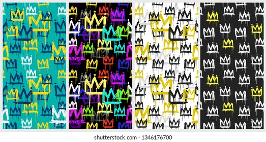 Hip Hop style Graffiti Crowns Seamless pattern set on black, white and blue background. Hand drawn crowns tag cartoon style hip hop background. Street art crown pattern