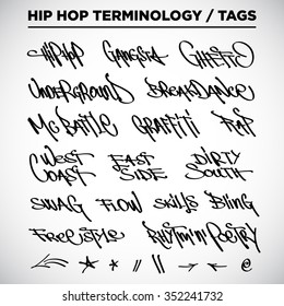 Terminología del hip hop. Etiquetas de vectores manuscritas