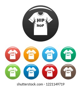 Hip hop tshirt icons set 9 color vector isolated on white for any design