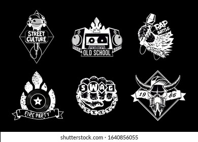 Hip hop vintage icon set. Black and white rap labels. Street culture prints. Retro style vector emblem pack. Tattoo style