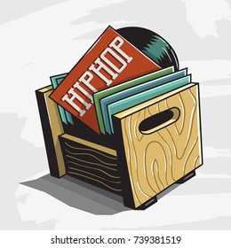 Hip Hop Vinyl Records Storage Box. Dj's Equipment Collection.  Vector Image.