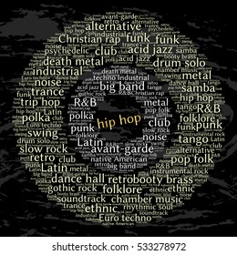 Hip hop. Word cloud, circles, grunge background. Musical styles.
