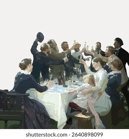 Hip Hip Hurrah! Artists' festival on Skagen illustration by Peder Severin Kroyer, isolated on white, vector. 