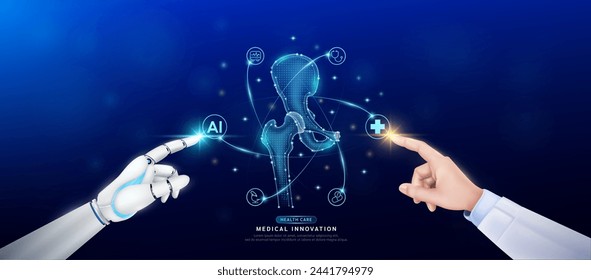 Hueso articular de la cadera en el átomo. Doctor y robot dedo de tocar icono AI símbolo de la cruz. El cuidado de la salud a la inteligencia artificial cyborg o la innovación tecnológica ciencia médica futurista. Banner vector EPS10.