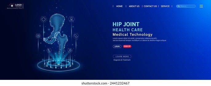Hip joint bone health care. Diagnose disease with technology artificial intelligence. Medical website template layout design. Banner for medical ads online social media. Vector.