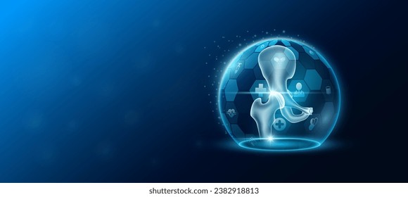 Hip joint bone human organ inside transparent dome shield protection futuristic with medical icon. Technology innovation health care. Empty space for text. Medical science ads website banner. Vector.