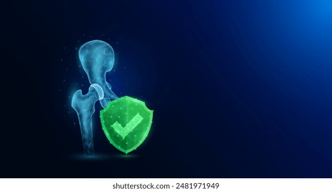 Anatomía de órganos humanos de huesos de articulaciones de cadera con marca de verificación en escudo verde brillante. Artritis protectora osteoporosis. Concepto de ciencia médica. Anuncio espacio en blanco para texto. Vector EPS10.