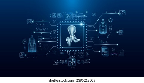 Hip joint bone organ human in microchip processor circuit board. HUD interface hologram. Innovative health care analysis of AI technology digital hi tech. Modern treatment future medicine. Vector.