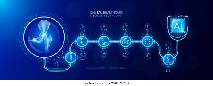 Hip joint bone organ human and AI chip medical in stethoscope with icon cross, syringe, hospital, doctor. Technology digital health care check up modern. Dark blue background banner vector.
