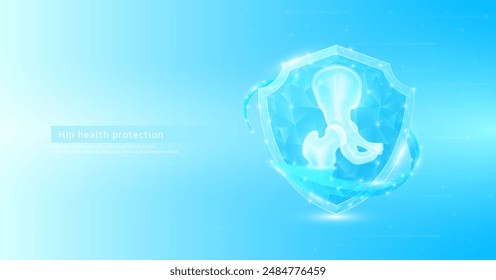 Hip joint bone style polygonal in shield glowing surrounded by blue arrows. Medical science protection symbol. Health care concept. Banner vector EPS10.