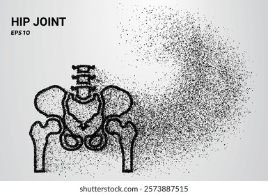 A hip joint composed of small circles and dots, with particles swirling around it. Vector illustration.