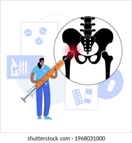 Hip joint cortisone injection. Pain and inflammation in the pelvis. Pelvic arthritis disease concept. Medical research in health care center. Bursitis treatment flat vector illustration for clinic.