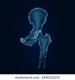 Hip joint in electronic form glowing between information connecting lines. Medical science of technology digital hi tech. Futuristic digital circuit board innovative health care. Vector EPS10.
