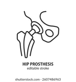 Hip joint with prosthesis line icon. Hip replacement symbol. Vector illustration. Editable stroke.