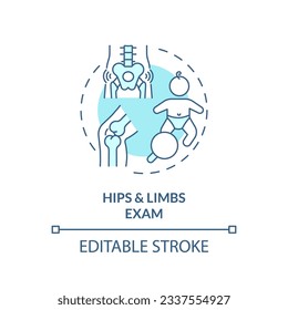 Hip and limb exam turquoise concept icon. Musculoskeletal system. Health service. Child development. Joint health abstract idea thin line illustration. Isolated outline drawing. Editable stroke