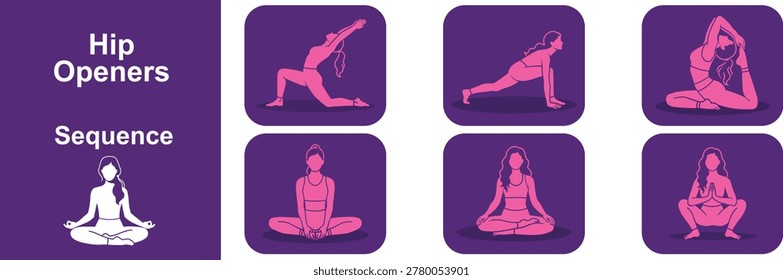 Hip Opener Yoga Sequence, Faceless Woman in Flexibility Poses, Minimalist Zen Fitness Vector, Pink and Purple Hip Stretching and Mobility Set