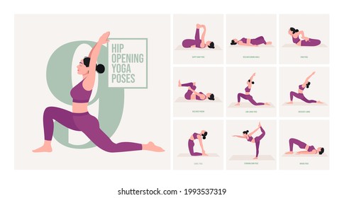 Hip Opening yoga posa. Ejercicios de estiramiento de la silla. Las mujeres entrenan en gimnasia, aeróbic y ejercicios. Ilustración vectorial.