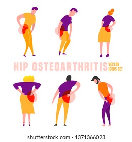 Hip osteoarthritis icons in modern vanguard simplistic style. Hip bones injury. Broken bone sign. Editable vector illustration in bright violet, yellow, red vibrant colors. Medical, healthcare concept